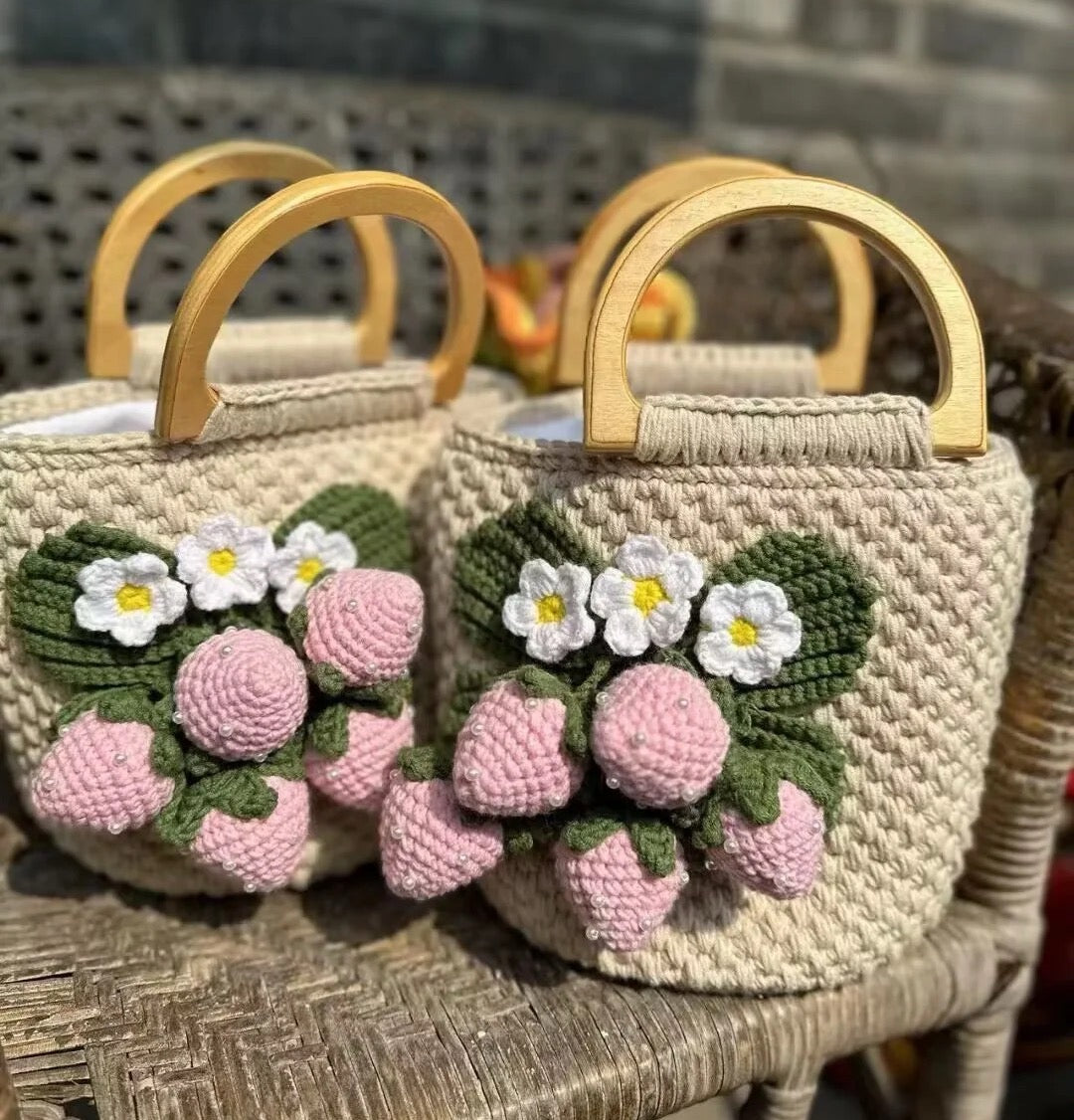 Cream Strawberry Wooden Handle Braided Bag