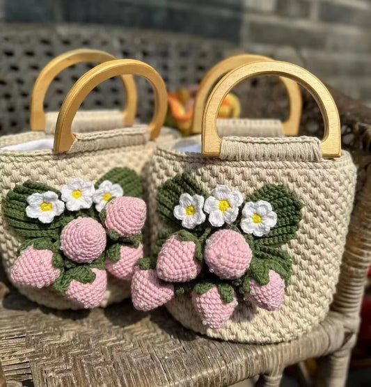 Cream Strawberry Wooden Handle Braided Bag